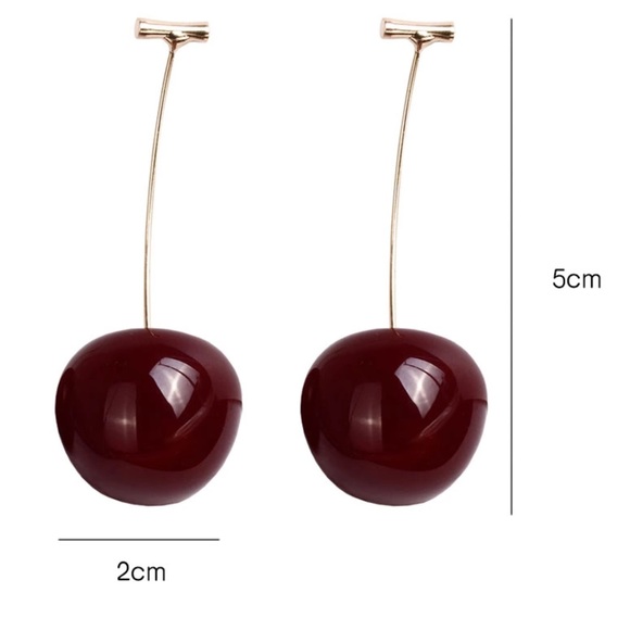 Cherie cherry dangle earrings dark red and gold cute clever modern design - Picture 4 of 4